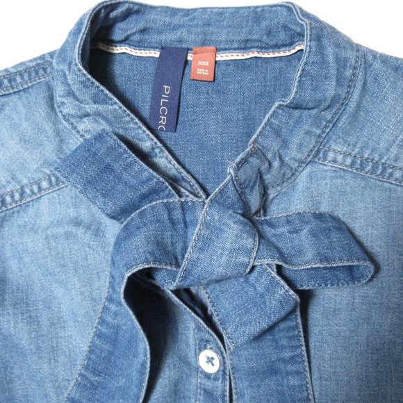 Anthropologie Pilcro Blue Denim Tie-Neck Blouse - XXS 2XS 00 - Picture 6 of 10